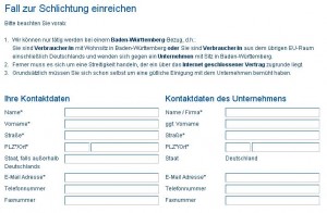 Auszug aus dem Online-Formular der Schlichtungsstelle